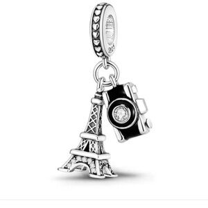 Sterling  Silver Eiffel Tower & Camera Dangle Charm - Black and Silver
